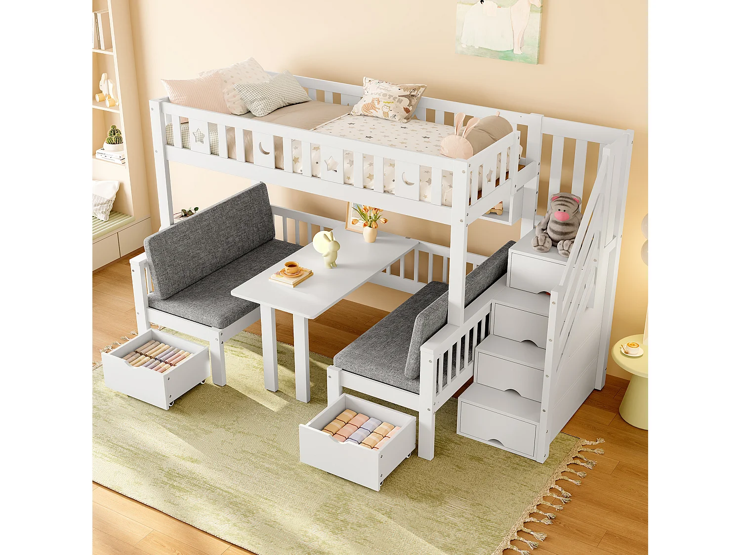 Multifunctioneel stapelbed 90x200cm, 2-in-1 bed en bureau, met opbergladder, decoratief hek met sterren en maan (252,5x125x149,5 cm)