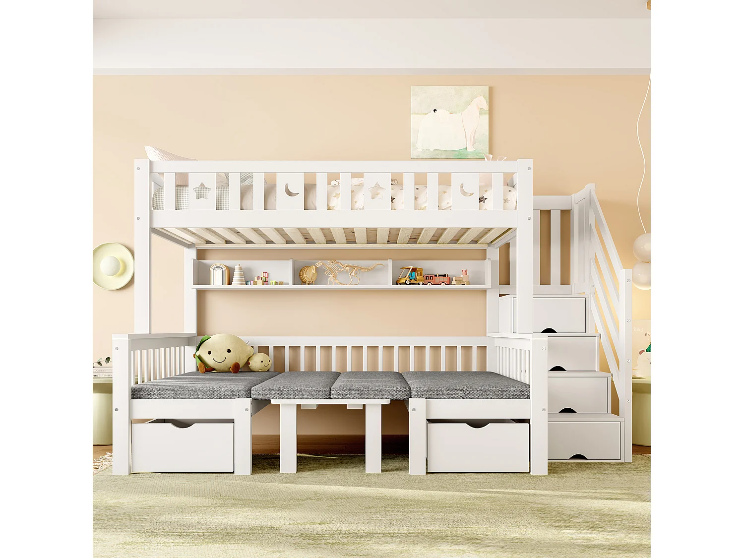 Multifunctioneel stapelbed 90x200cm, 2-in-1 bed en bureau, met opbergladder, decoratief hek met sterren en maan (252,5x125x149,5 cm)