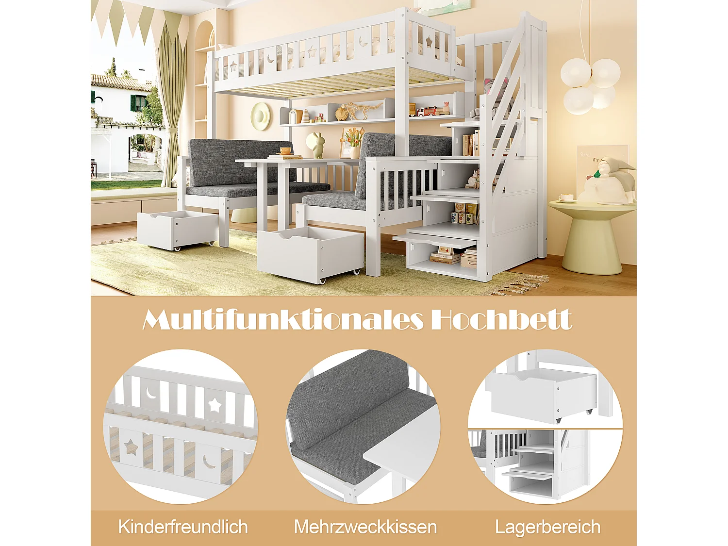 Multifunctioneel stapelbed 90x200cm, 2-in-1 bed en bureau, met opbergladder, decoratief hek met sterren en maan (252,5x125x149,5 cm)