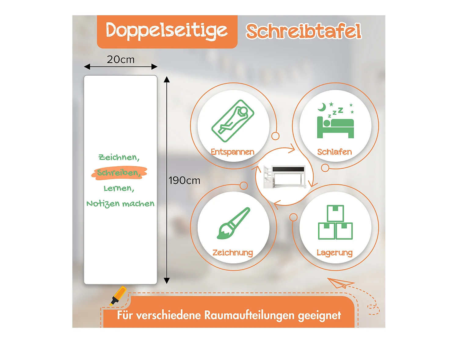 Litera con tablero de dibujo, almacenaje y protección anticaídas, 90x200 cm, blanca, con escalera y somier (253x97x112 cm)