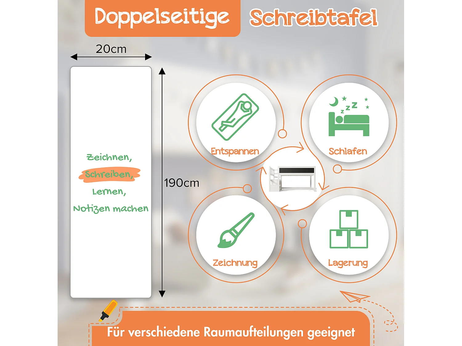 Litera con tablero de dibujo, almacenaje y protección anticaídas, 90x200 cm, blanca, con escalera y somier (253x97x112 cm)