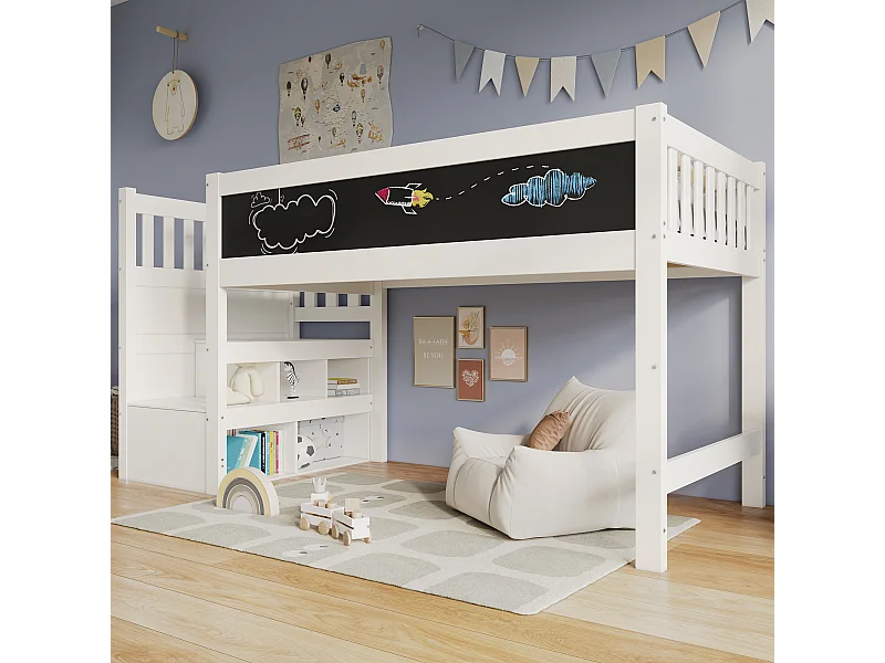 Stapelbed met tekentafel, opbergruimte en valbeveiliging, 90x200 cm, wit, met ladder en lattenbodem (253x97x112 cm)