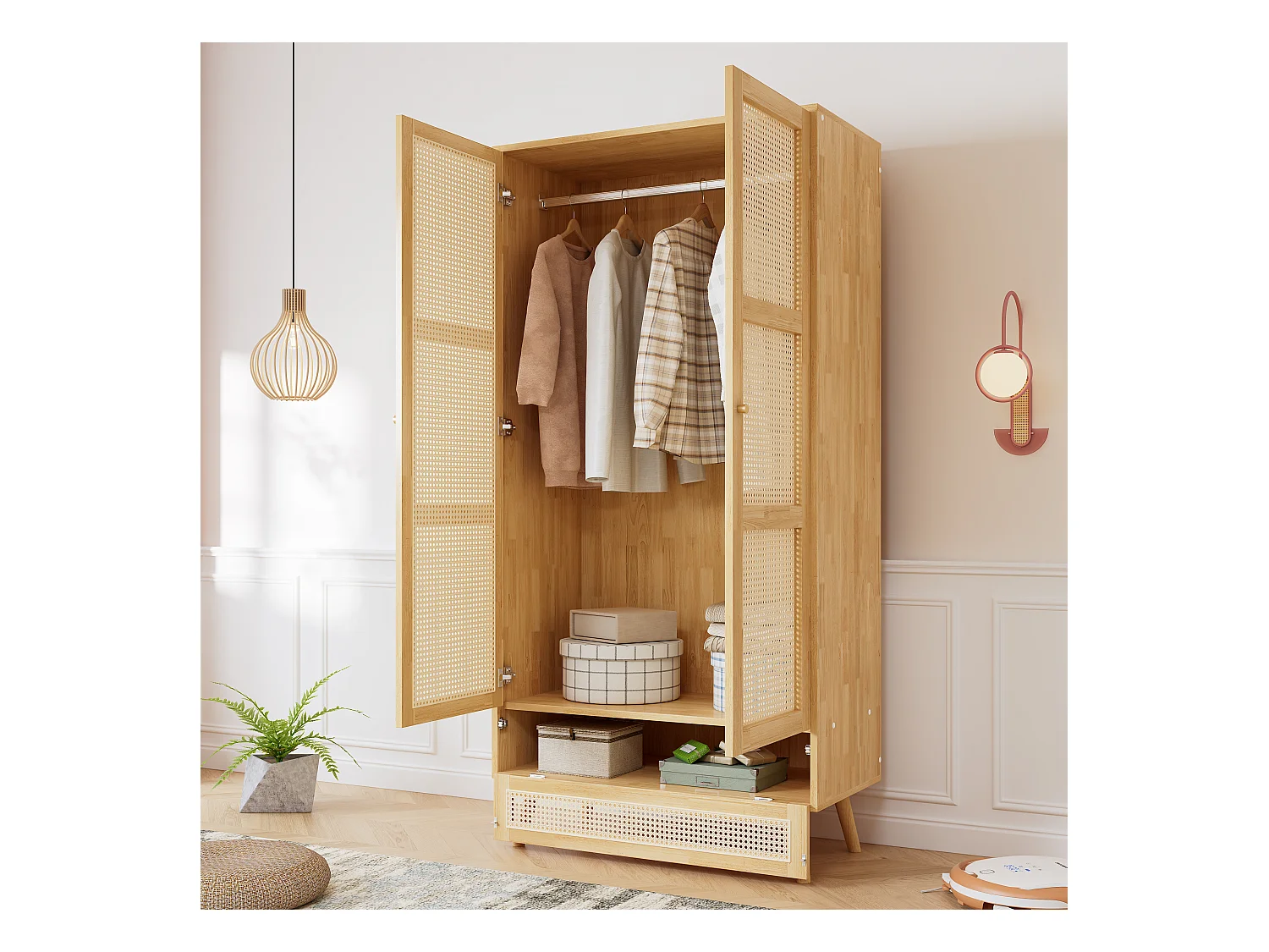 Armoire à tringle - 90 x 45 x 183 cm - avec 3 portes - aggloméré + rotin synthétique - naturel