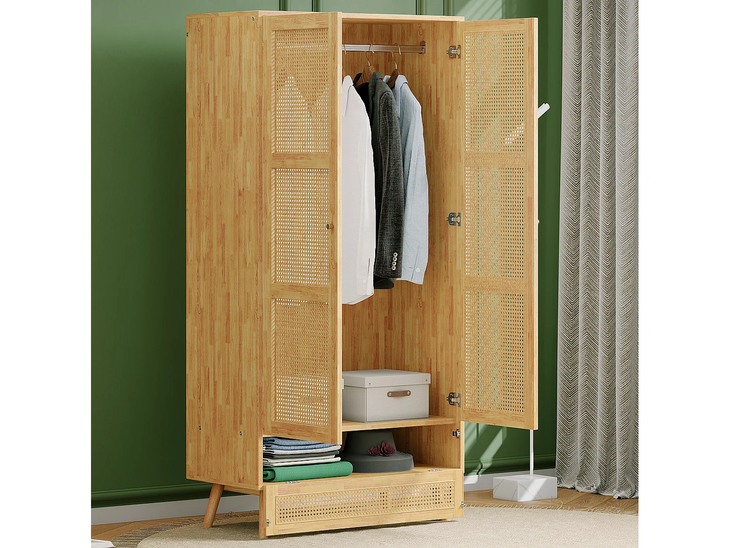 Armoire à tringle - 90 x 45 x 183 cm - avec 3 portes - aggloméré + rotin synthétique - naturel