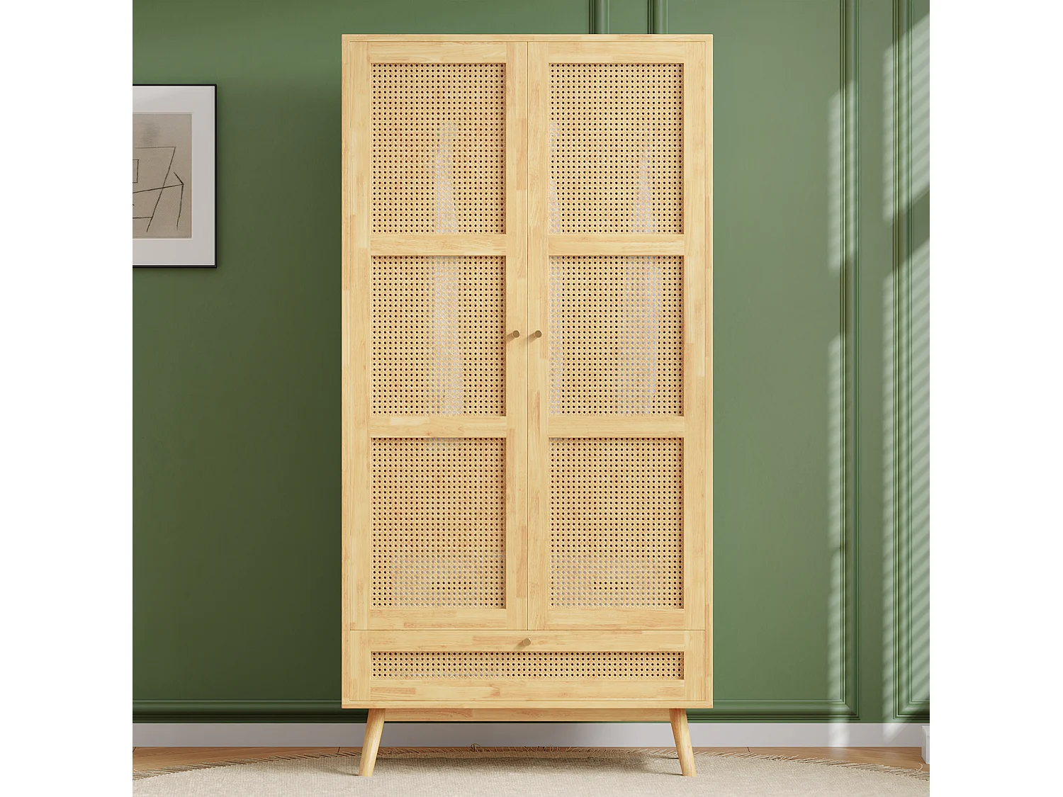 Armoire à tringle - 90 x 45 x 183 cm - avec 3 portes - aggloméré + rotin synthétique - naturel