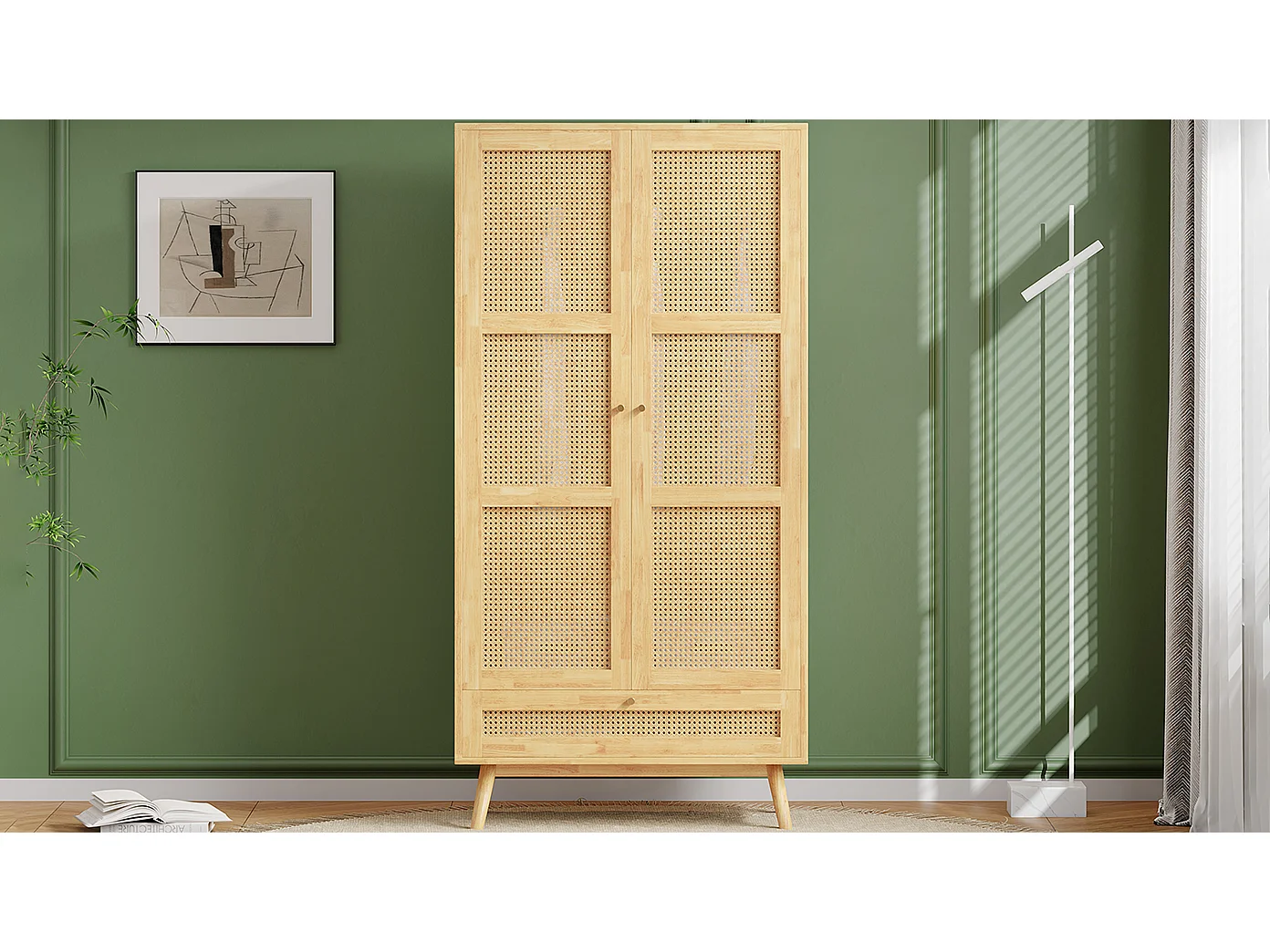 Armoire à tringle - 90 x 45 x 183 cm - avec 3 portes - aggloméré + rotin synthétique - naturel