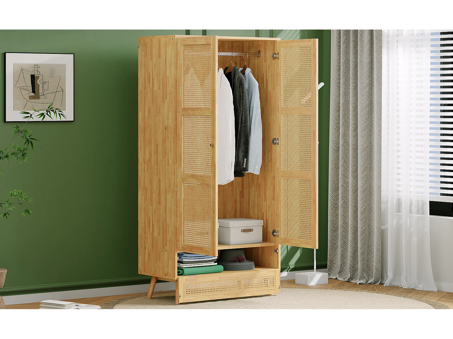 Armoire à tringle - 90 x 45 x 183 cm - avec 3 portes - aggloméré + rotin synthétique - naturel