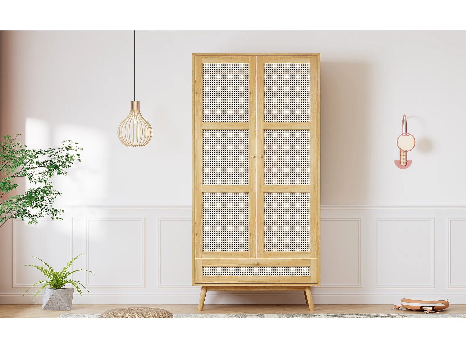 Armoire à tringle - 90 x 45 x 183 cm - avec 3 portes - aggloméré + rotin synthétique - naturel