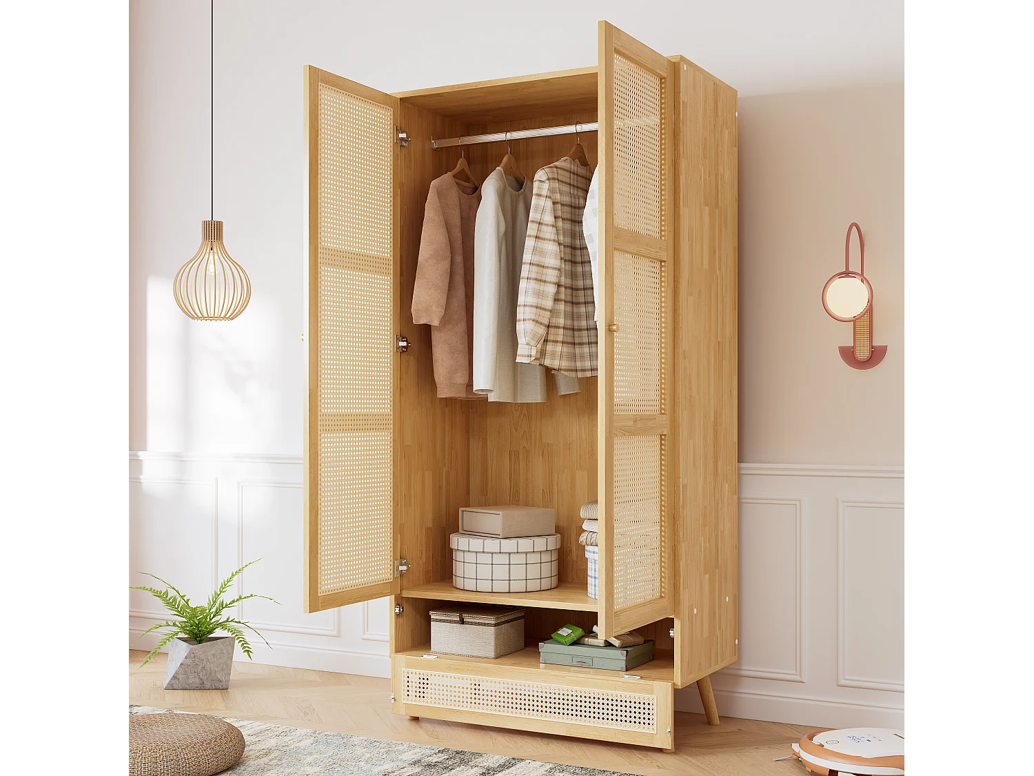 Armoire à tringle - 90 x 45 x 183 cm - avec 3 portes - aggloméré + rotin synthétique - naturel