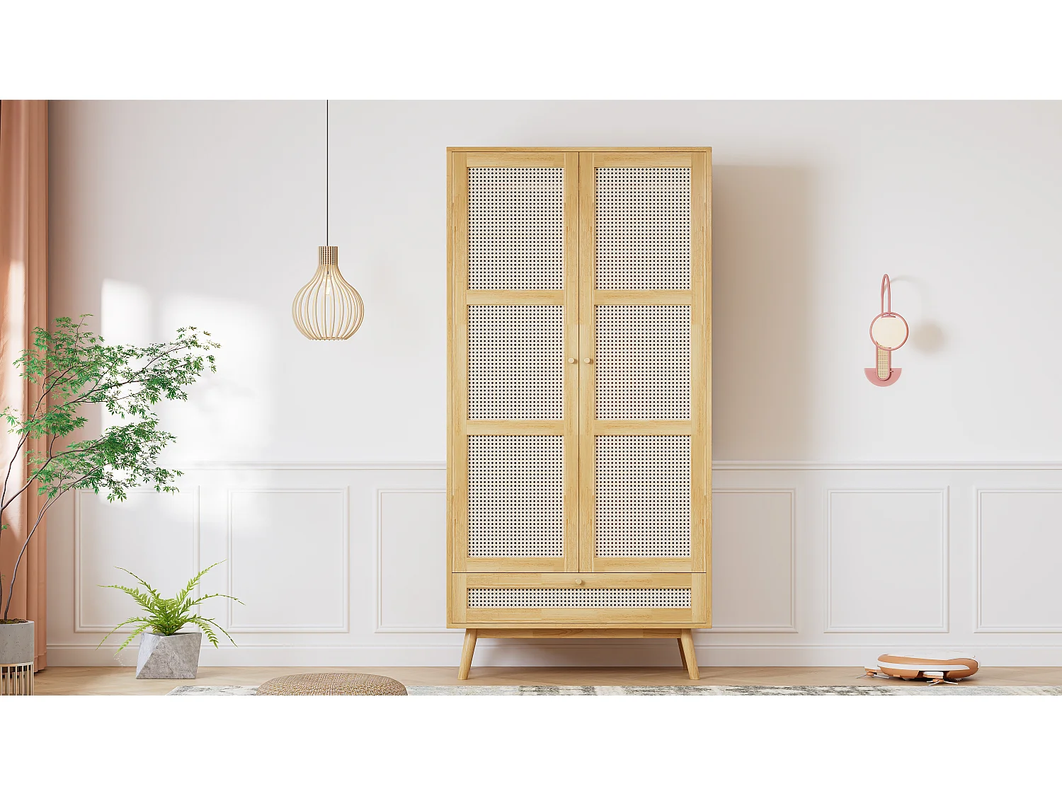 Armoire à tringle - 90 x 45 x 183 cm - avec 3 portes - aggloméré + rotin synthétique - naturel