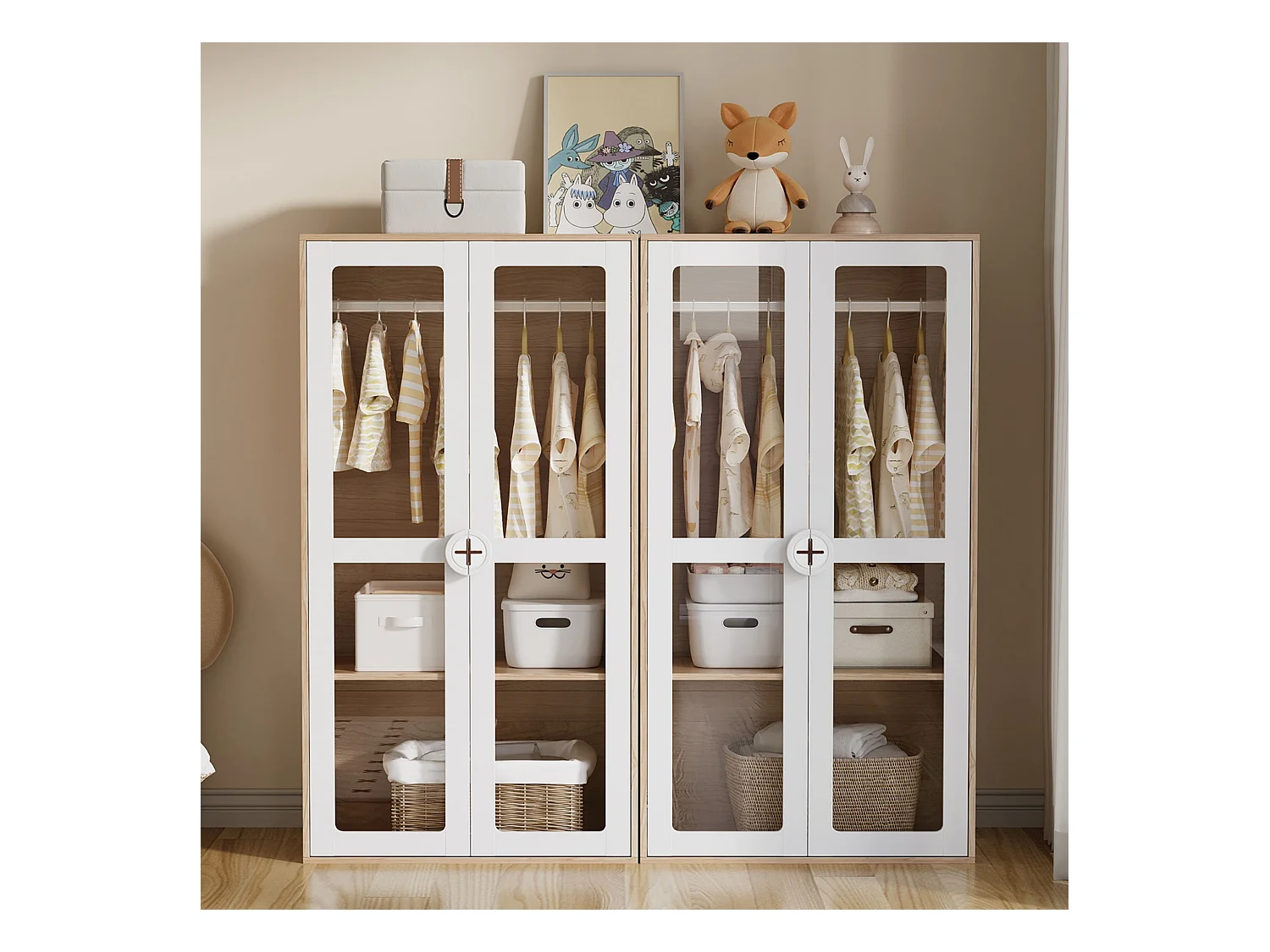 Combinaison d'armoire 2 pièces pour enfant - 160 x 50 x 150 cm - portes vitrées - MDF + aggloméré - blanc