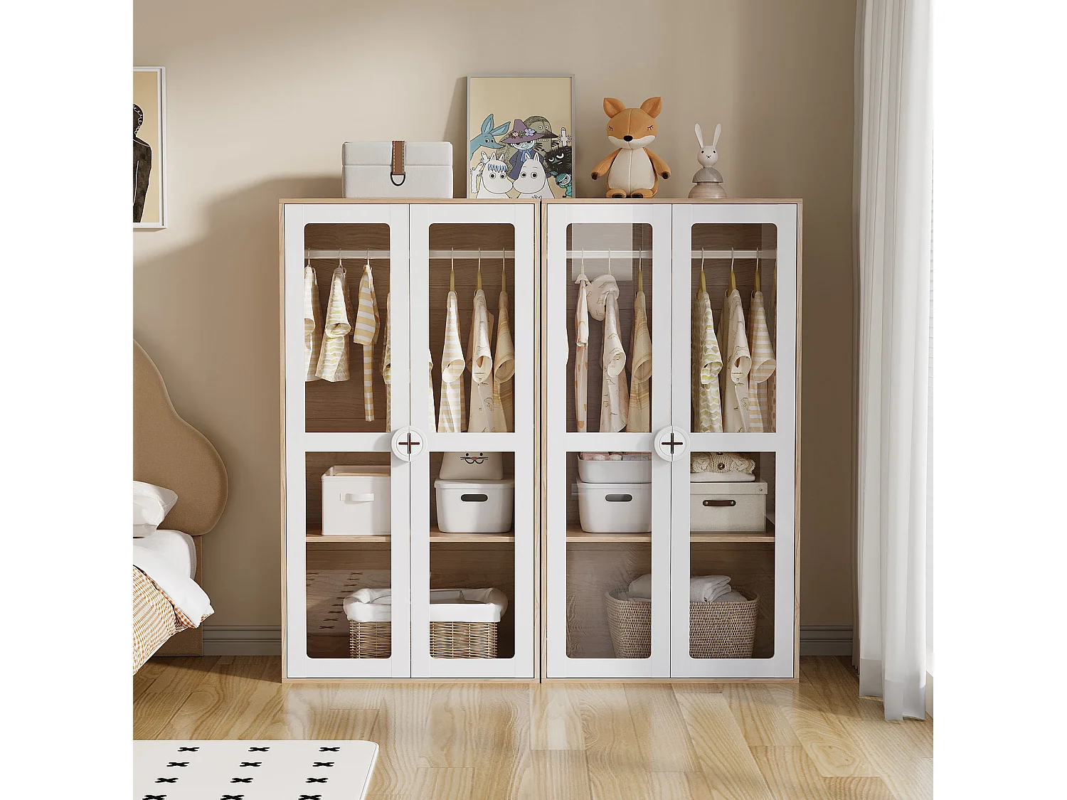 Combinaison d'armoire 2 pièces pour enfant - 160 x 50 x 150 cm - portes vitrées - MDF + aggloméré - blanc