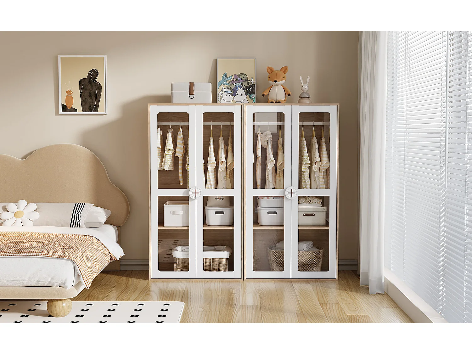 Combinaison d'armoire 2 pièces pour enfant - 160 x 50 x 150 cm - portes vitrées - MDF + aggloméré - blanc