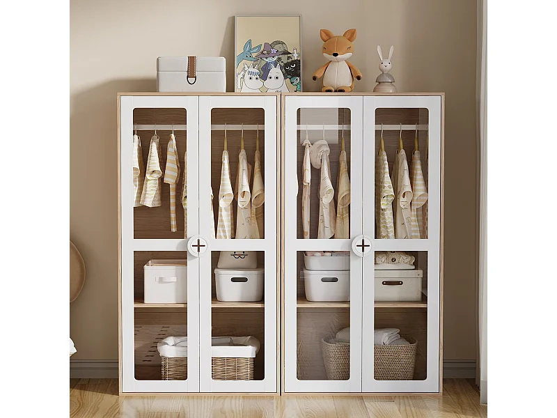 Kinderkastcombinatie 2-delig - 160 x 50 x 150 cm - glazen deuren - MDF + spaanplaat - wit