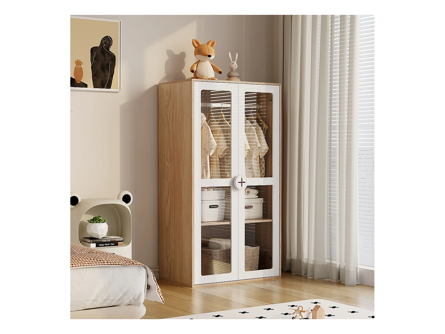 Armadio per bambini - 80 x 50 x 150 cm - con 2 ante in vetro e asta appendiabiti - MDF + truciolato - bianco