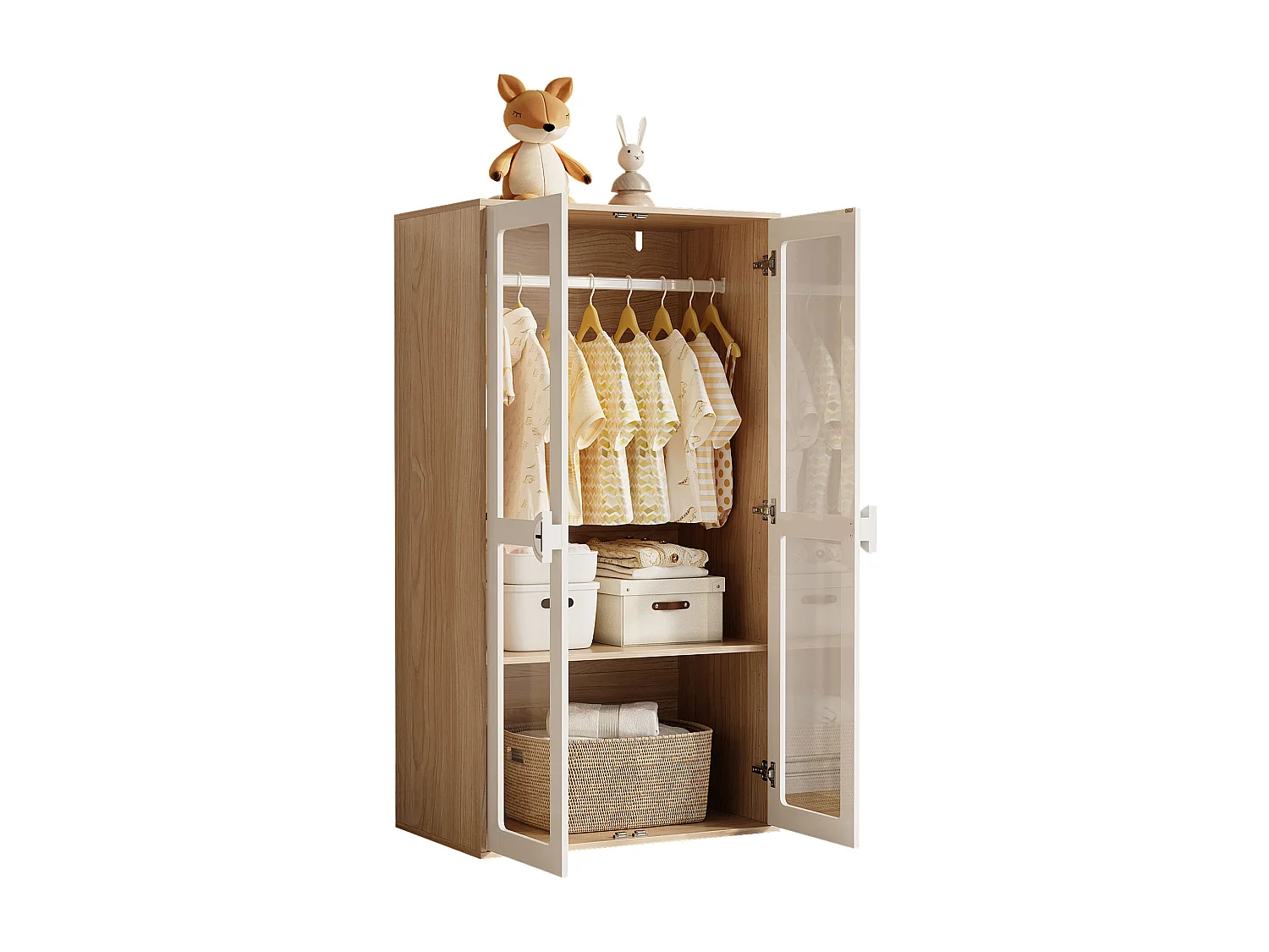 Kinderkledingkast - 80 x 50 x 150 cm - met 2 glazen deuren en kledingroede - MDF + spaanplaat - wit