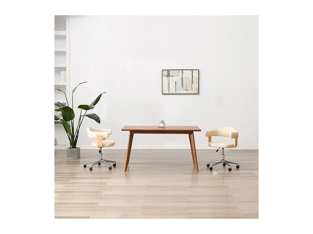 Silla de oficina giratoria color crema de madera curvada y cuero sintético