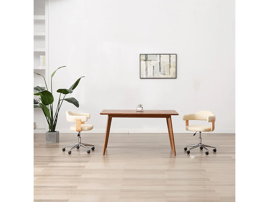 Sedia da ufficio girevole color crema in legno curvato e similpelle