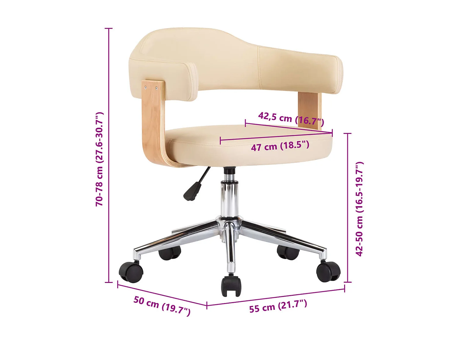 Sedia da ufficio girevole color crema in legno curvato e similpelle