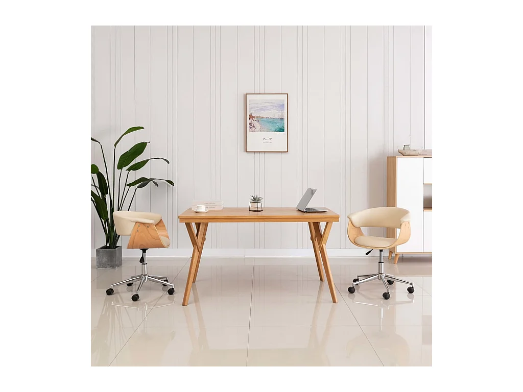 Chaise pivotante de bureau Crème Bois courbé et similicuir