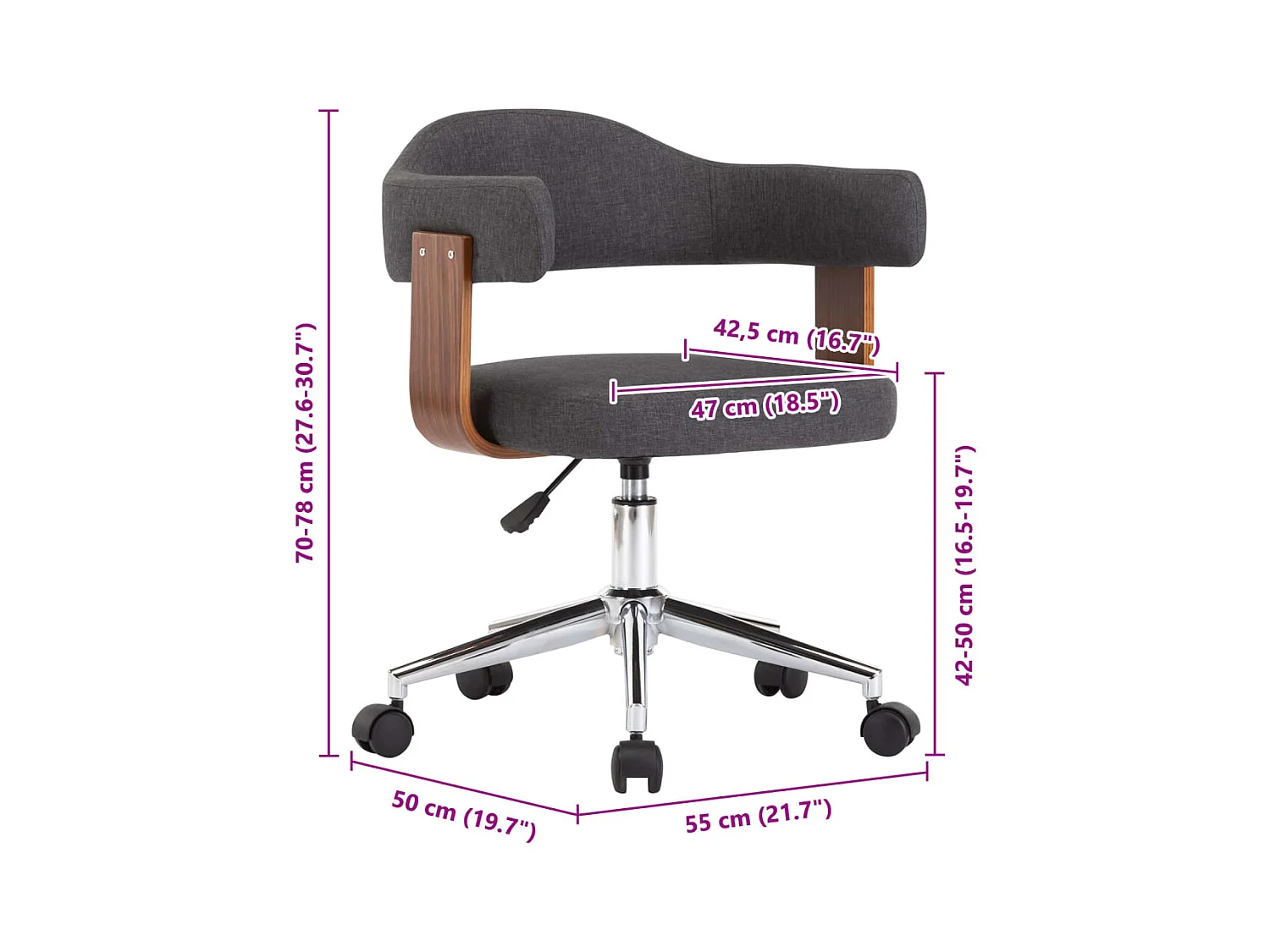 Draaibare bureaustoel grijs gebogen hout en stof