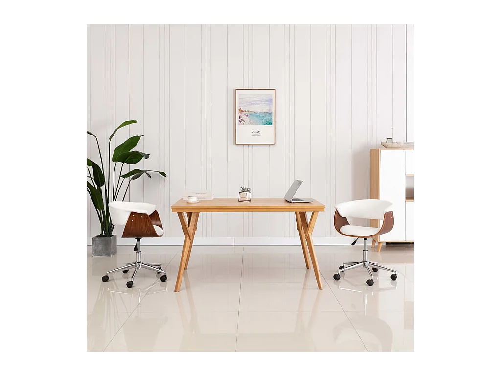 Chaise pivotante de bureau Blanc Bois courbé et similicuir