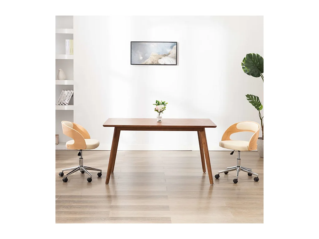 Sedia da ufficio girevole color crema in legno curvato e similpelle