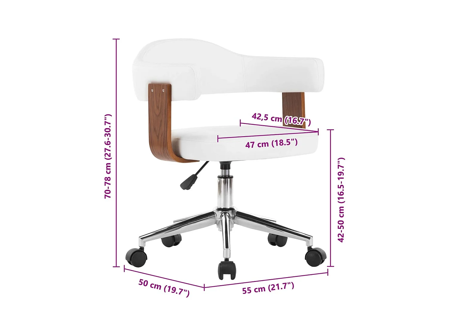 Witte draaibare bureaustoel van gebogen hout en kunstleer