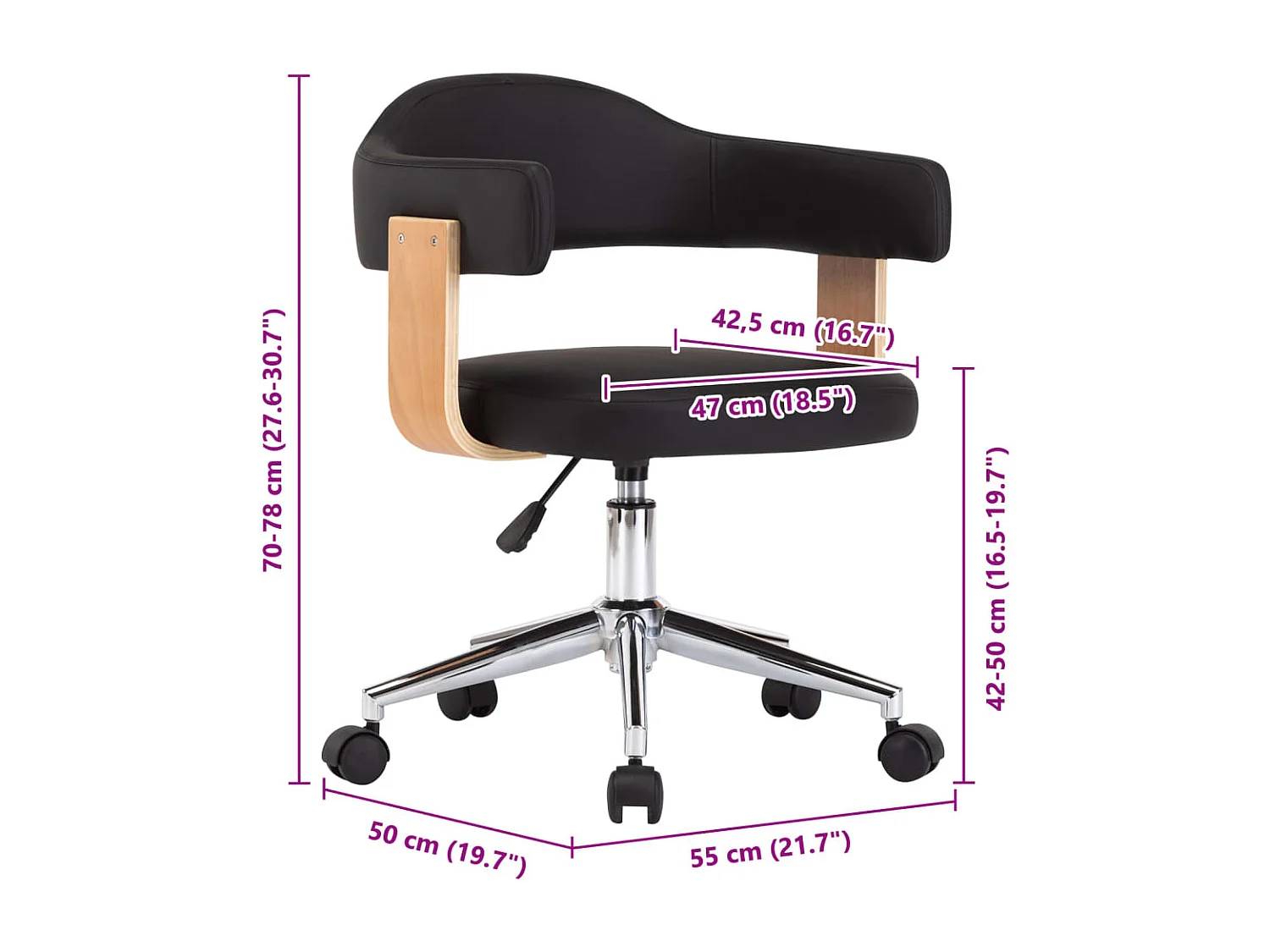 Chaise pivotante de bureau Noir Bois courbé et similicuir