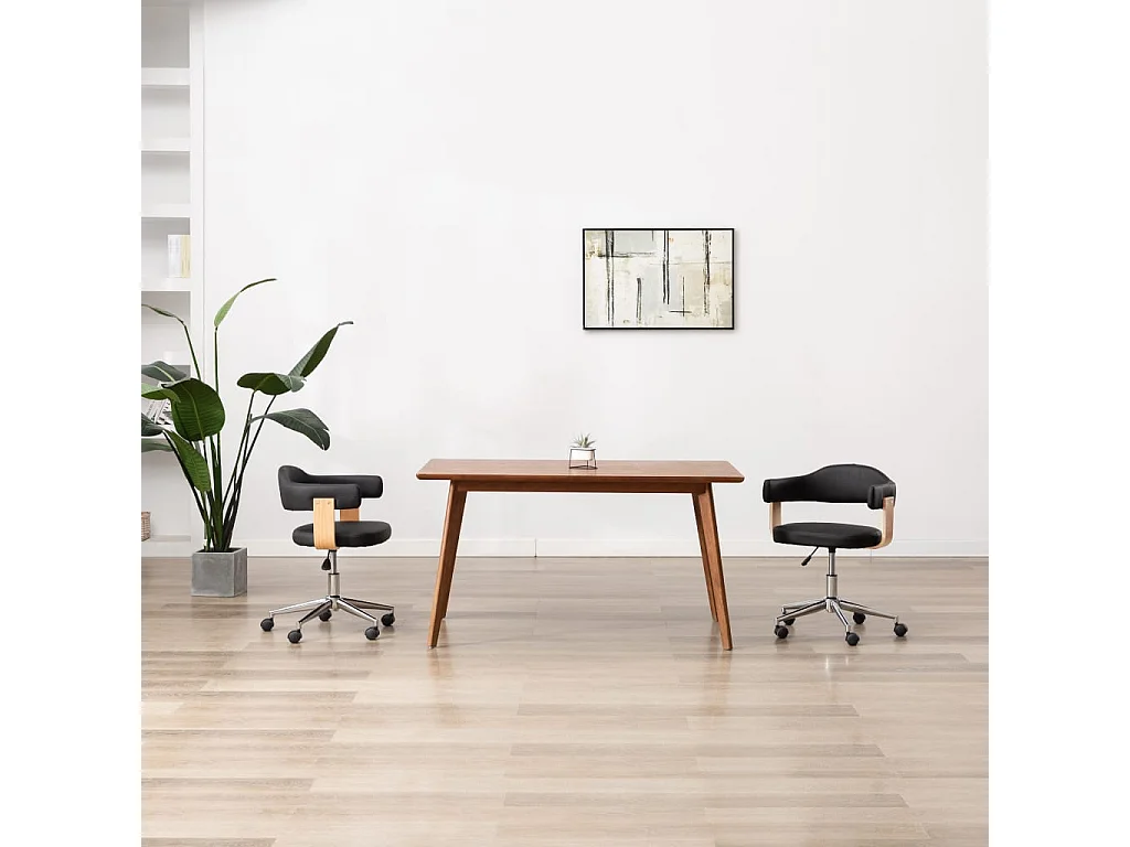 Sedia da ufficio girevole nera in legno curvato e similpelle