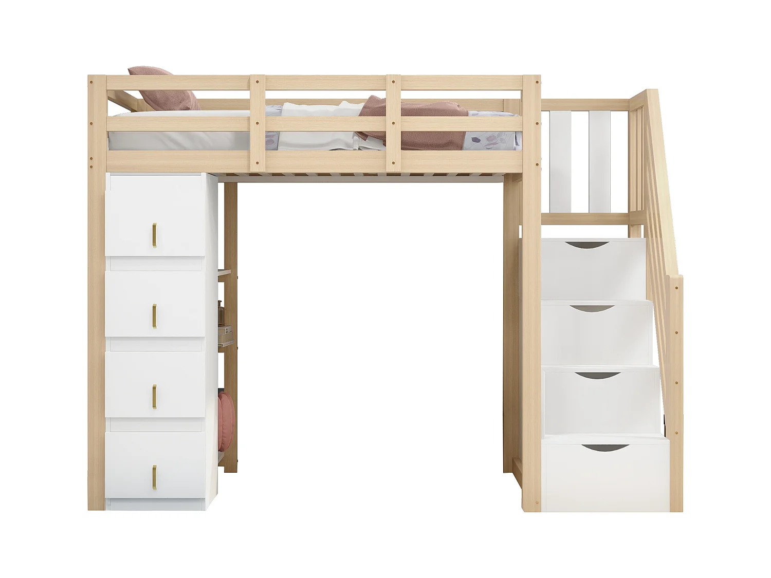 Hoogslaper 90x200 cm met opbergladen, 3-laags legplank, veilige ladder met laden, massief hout, natuurlijke houtkleur