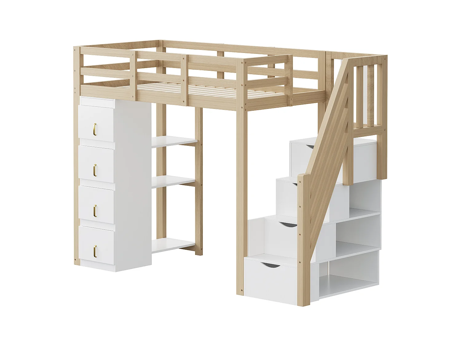 Hoogslaper 90x200 cm met opbergladen, 3-laags legplank, veilige ladder met laden, massief hout, natuurlijke houtkleur