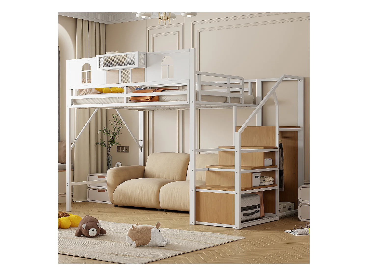 Letto a soppalco 140x200 cm con scala contenitore, finestre, struttura in legno e metallo, bianco (255x145,5x187 cm)