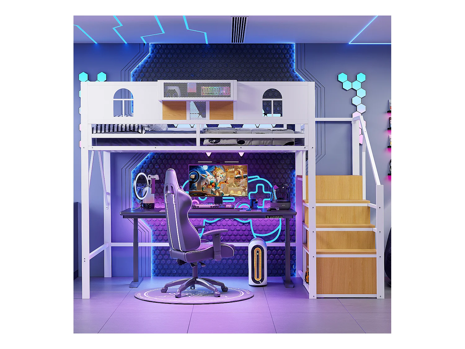 Letto a soppalco 140x200 cm con scala contenitore, finestre, struttura in legno e metallo, bianco (255x145,5x187 cm)