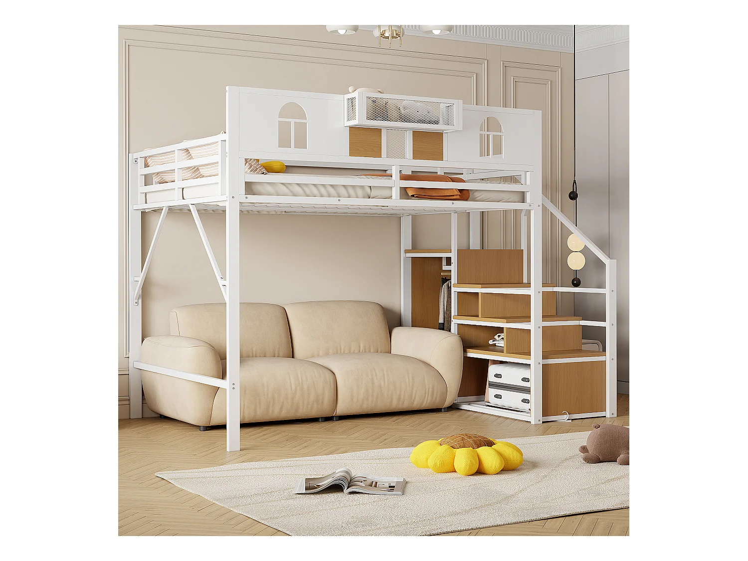 Hoogslaper 140x200 cm met opbergladder, ramen, frame van hout en metaal, wit (255x145,5x187 cm)