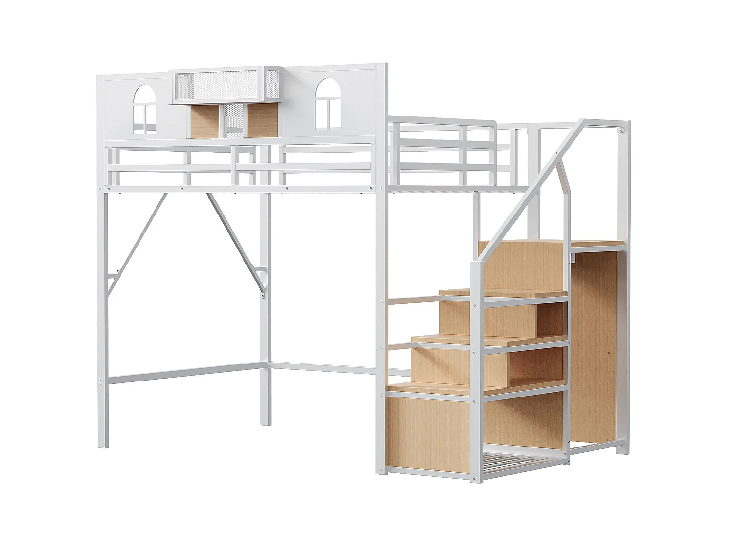 Hoogslaper 140x200 cm met opbergladder, ramen, frame van hout en metaal, wit (255x145,5x187 cm)