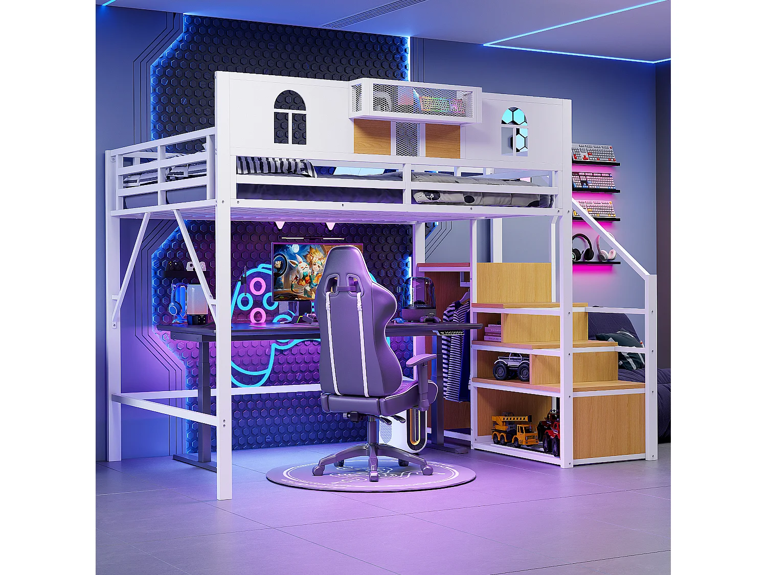 Lit mezzanine 140x200 cm avec échelle de rangement, fenêtres, bois et cadre métallique, blanc (255x145.5x187 cm)