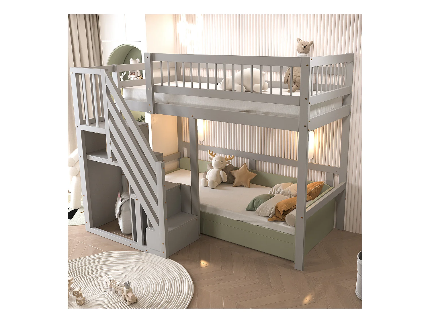 Hoogslaper 90x200 cm met opbergladder, massief houten frame, hoge prestaties, grijs (205x142x173 cm)