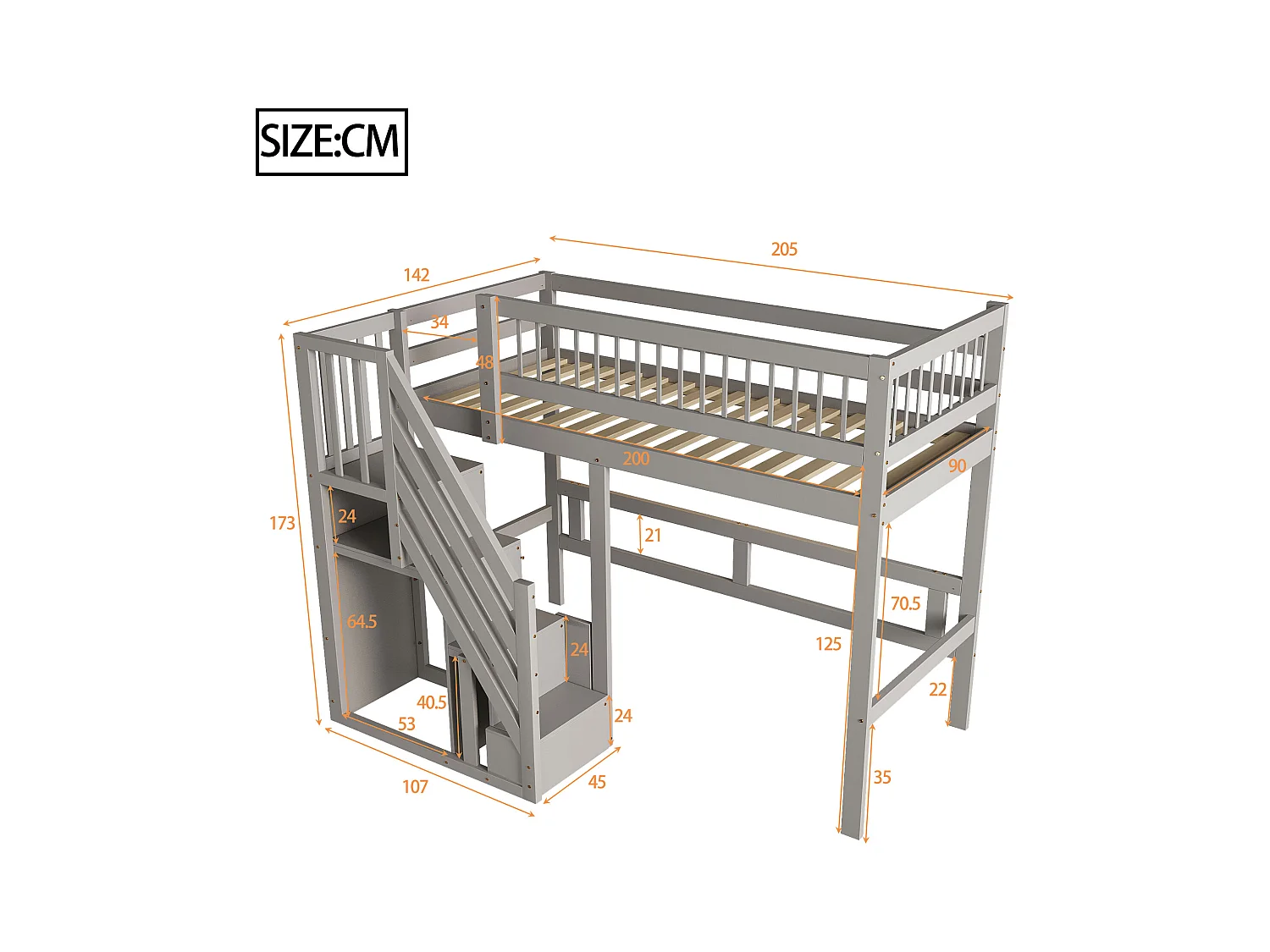 Hoogslaper 90x200 cm met opbergladder, massief houten frame, hoge prestaties, grijs (205x142x173 cm)