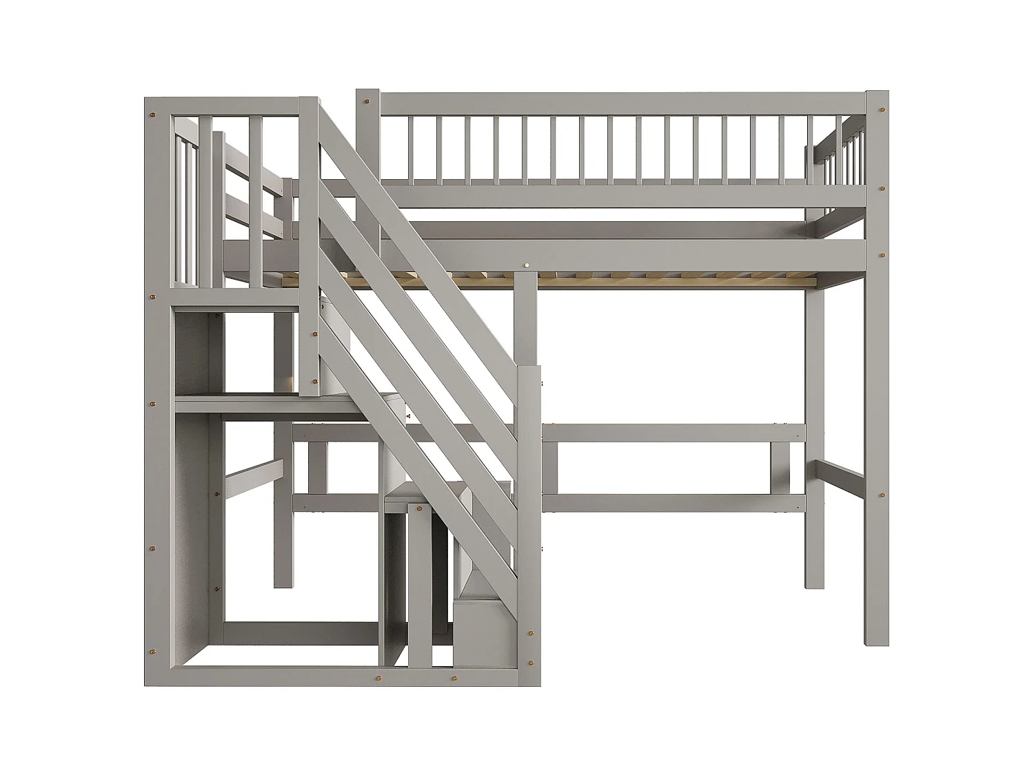 Hoogslaper 90x200 cm met opbergladder, massief houten frame, hoge prestaties, grijs (205x142x173 cm)