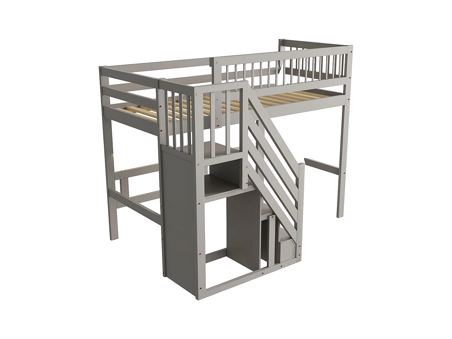 Hoogslaper 90x200 cm met opbergladder, massief houten frame, hoge prestaties, grijs (205x142x173 cm)