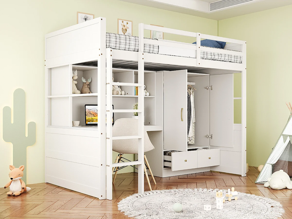 Cama alta 90x200 cm con escalera, escritorio con almacenaje, armario y cajones, estructura de madera, color blanco (204,5x102x174 cm)