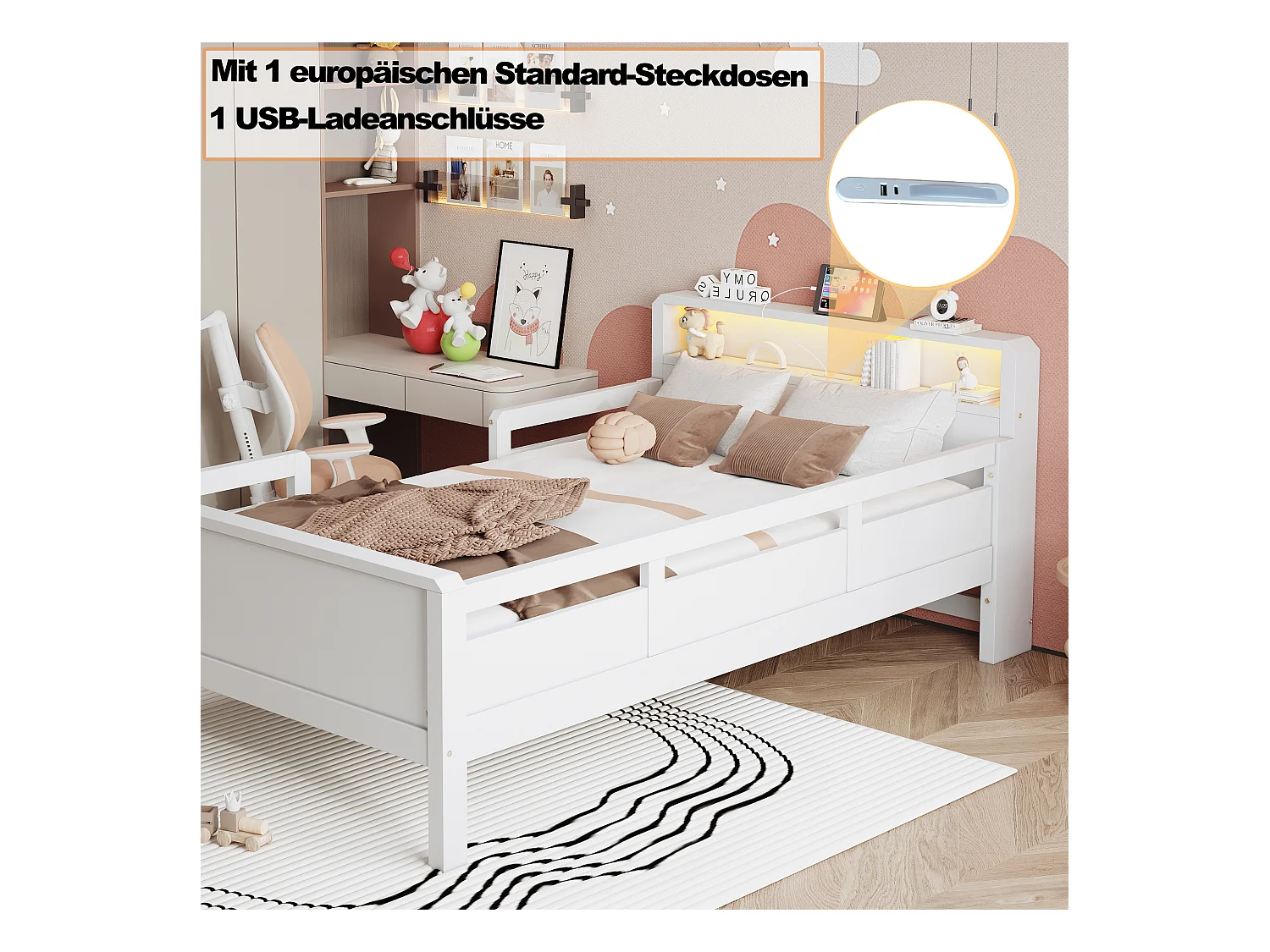 Multifunctioneel hoogslaper 90x200 cm met planken, kast, lades en veiligheidsladder met opbergruimte, naturel hout en wit