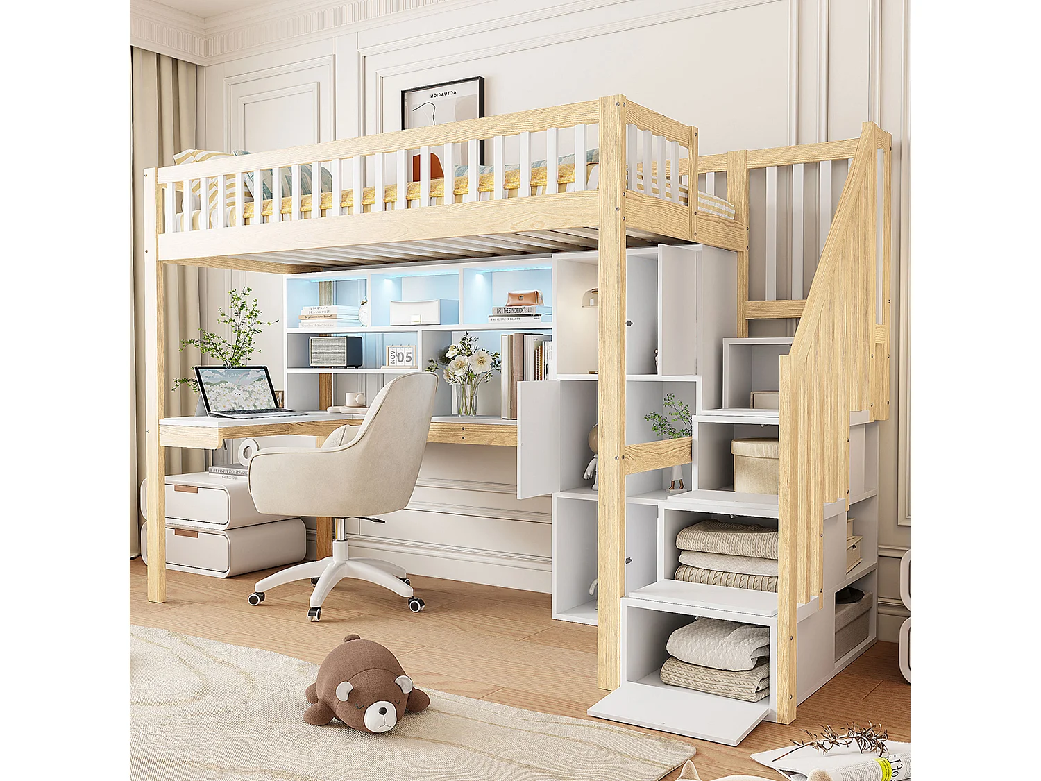 Lit mezzanine 90x200 cm avec LED, échelle de rangement, étagères, bureau, bois naturel et blanc (250x95x165 cm)