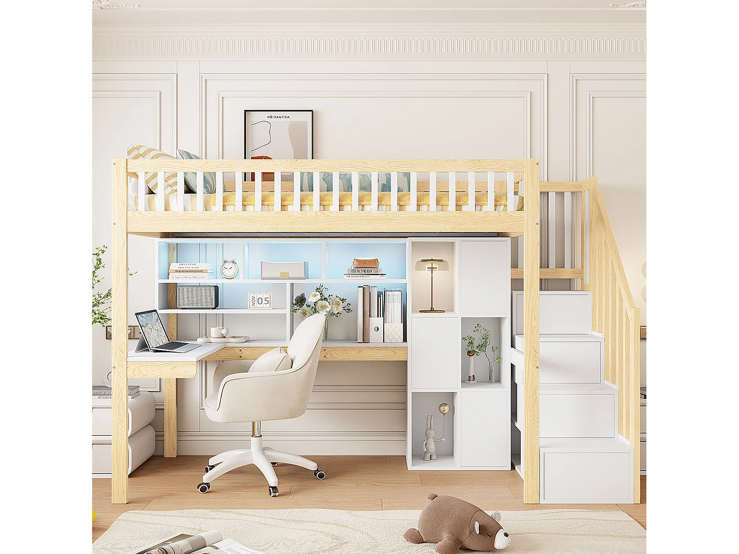 Lit mezzanine 90x200 cm avec LED, échelle de rangement, étagères, bureau, bois naturel et blanc (250x95x165 cm)