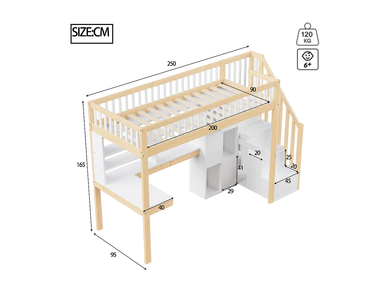 Lit mezzanine 90x200 cm avec LED, échelle de rangement, étagères, bureau, bois naturel et blanc (250x95x165 cm)