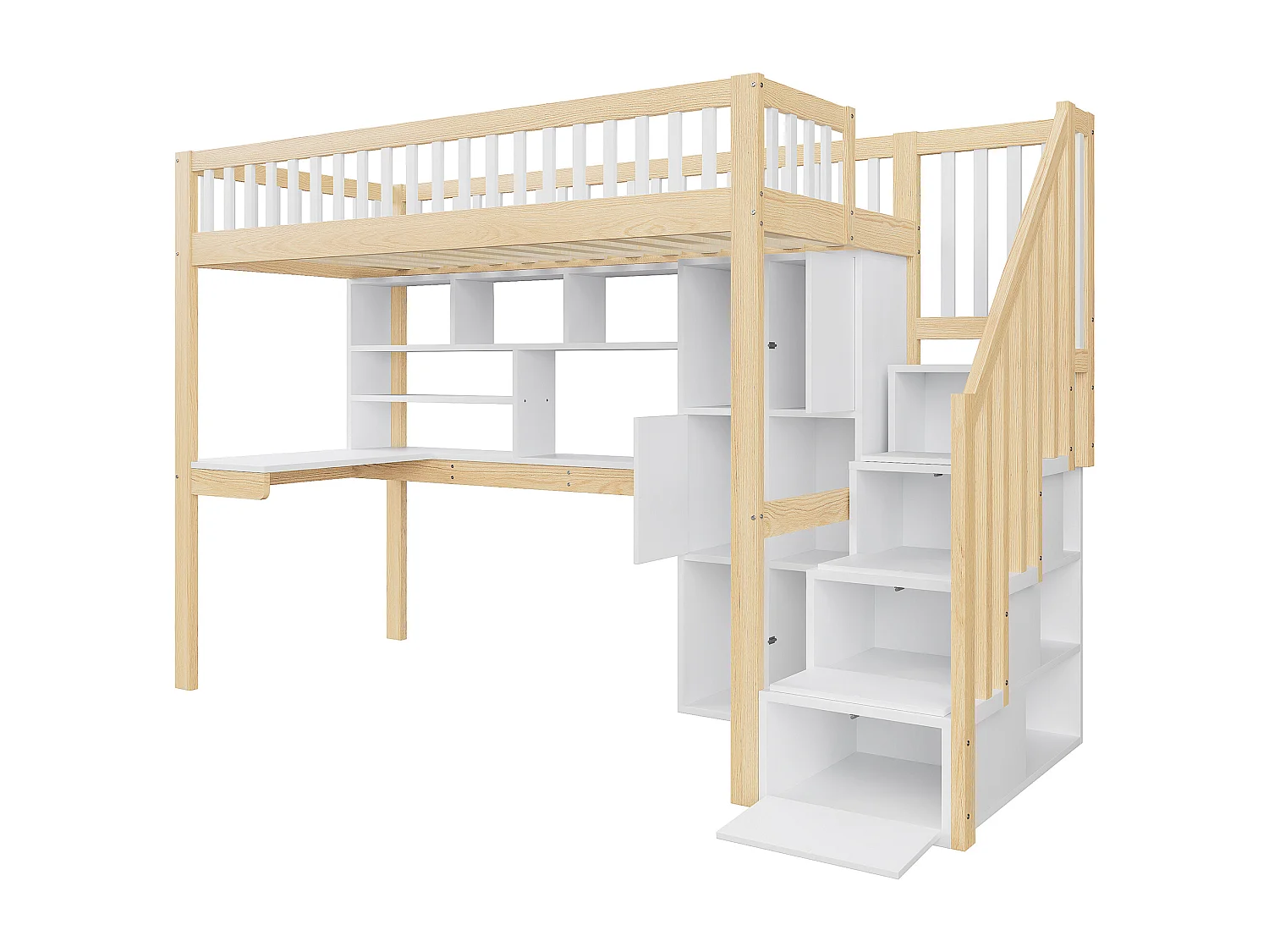 Lit mezzanine 90x200 cm avec LED, échelle de rangement, étagères, bureau, bois naturel et blanc (250x95x165 cm)