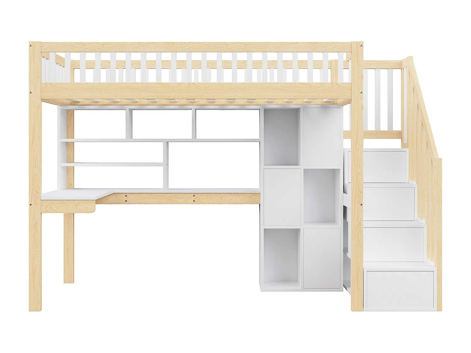 Lit mezzanine 90x200 cm avec LED, échelle de rangement, étagères, bureau, bois naturel et blanc (250x95x165 cm)