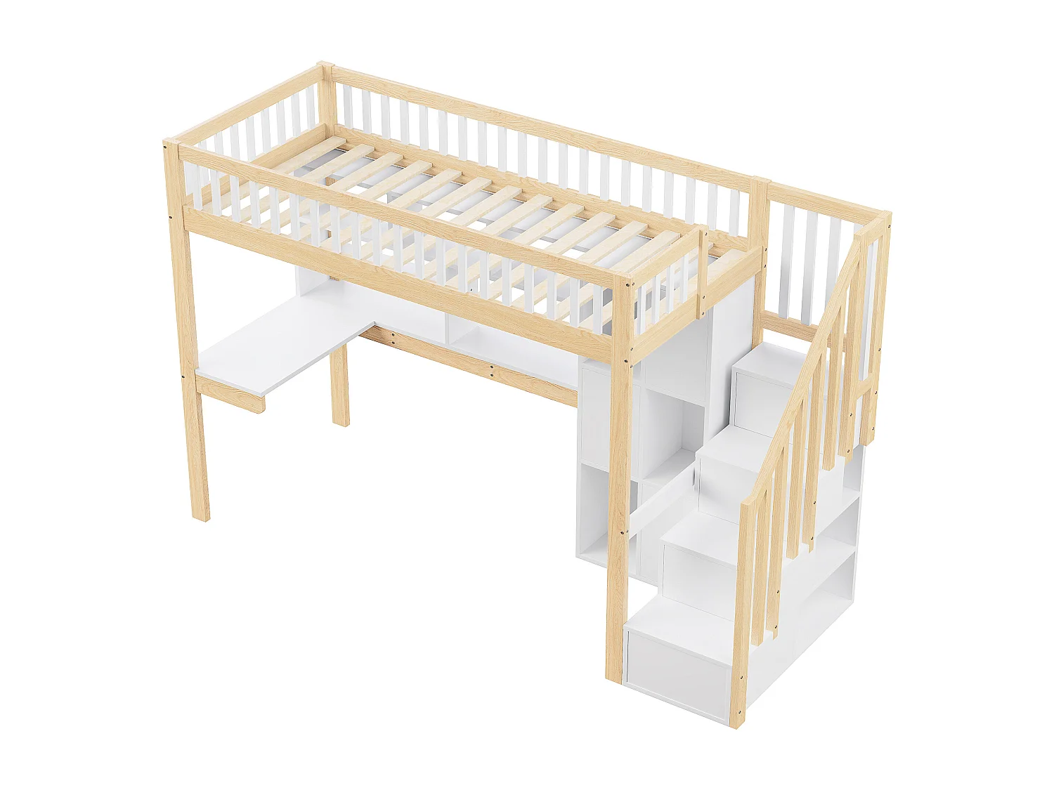 Lit mezzanine 90x200 cm avec LED, échelle de rangement, étagères, bureau, bois naturel et blanc (250x95x165 cm)