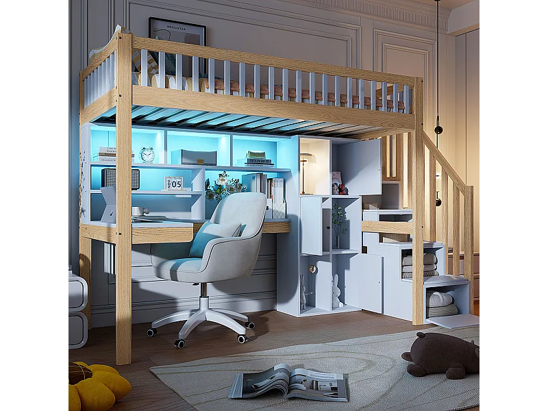 Lit mezzanine 90x200 cm avec LED, échelle de rangement, étagères, bureau, bois naturel et blanc (250x95x165 cm)